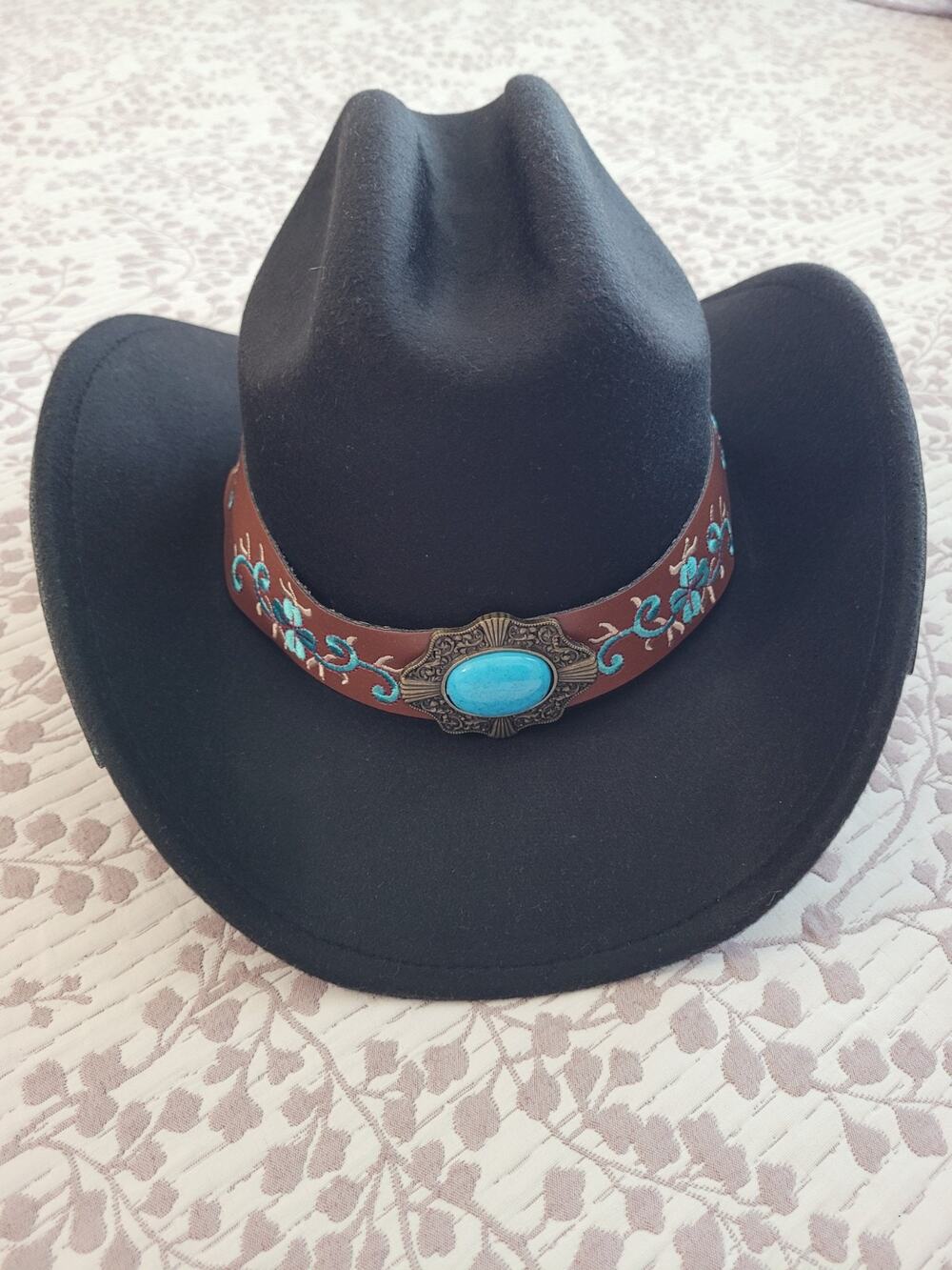 Chic Black Faux Felt Western Cowboy Hat with Turquoise Embroidered Band